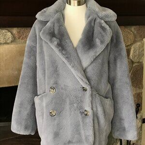 'Free People' Light Gray/Blue Double Breasted Faux Fur Coat - Size Small
